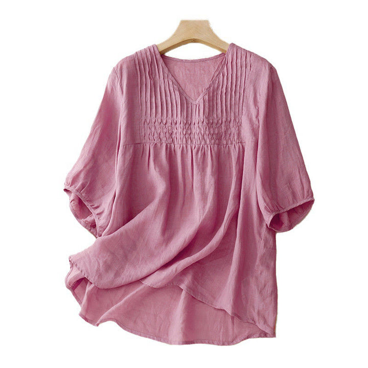 Buddha Stones Lässiges, einfarbiges, lockeres Damen-Baumwollhemd mit V-Ausschnitt und halblangen Ärmeln - image 20