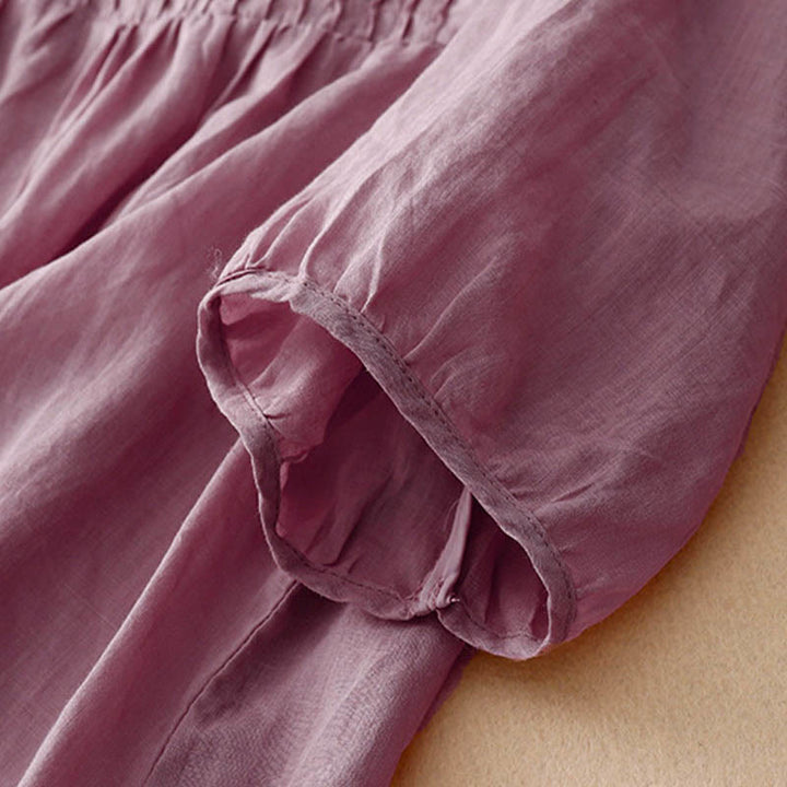 Buddha Stones Lässiges, einfarbiges, lockeres Damen-Baumwollhemd mit V-Ausschnitt und halblangen Ärmeln - image 6