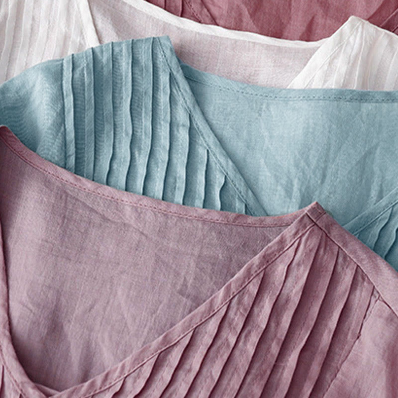 Buddha Stones Lässiges, einfarbiges, lockeres Damen-Baumwollhemd mit V-Ausschnitt und halblangen Ärmeln - image 31