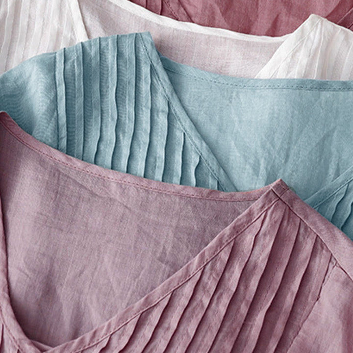 Buddha Stones Lässiges, einfarbiges, lockeres Damen-Baumwollhemd mit V-Ausschnitt und halblangen Ärmeln - image 31