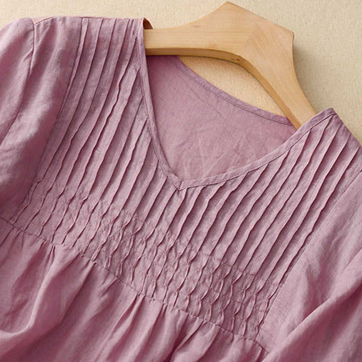 Buddha Stones Lässiges, einfarbiges, lockeres Damen-Baumwollhemd mit V-Ausschnitt und halblangen Ärmeln - image 10