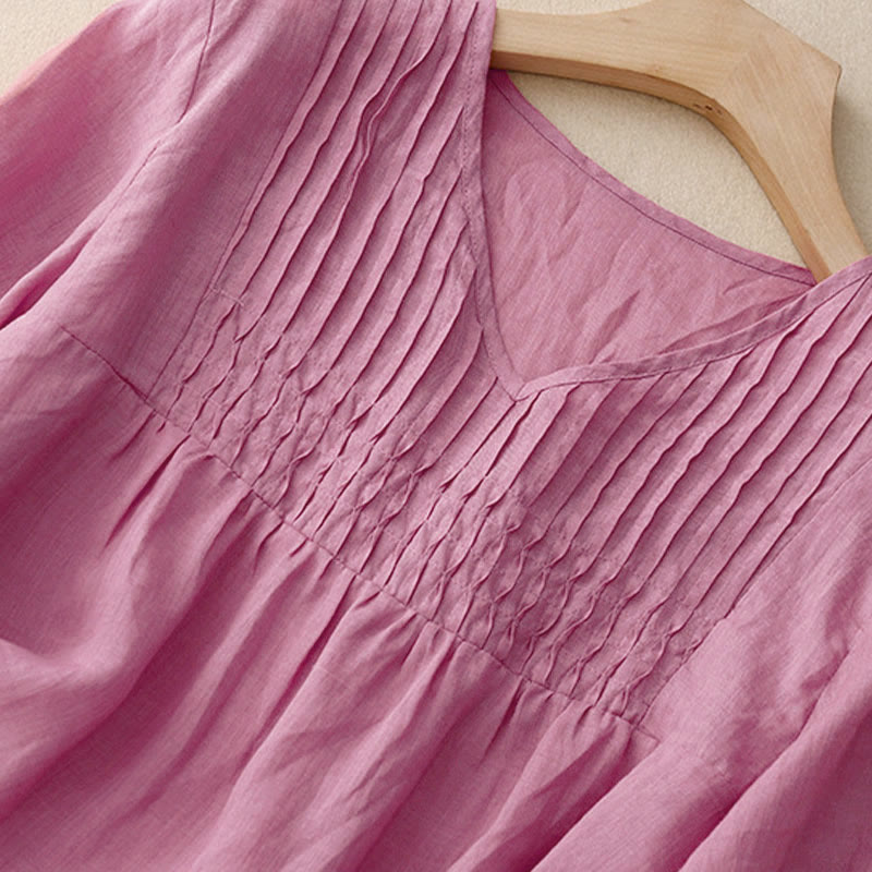 Buddha Stones Lässiges, einfarbiges, lockeres Damen-Baumwollhemd mit V-Ausschnitt und halblangen Ärmeln - image 19