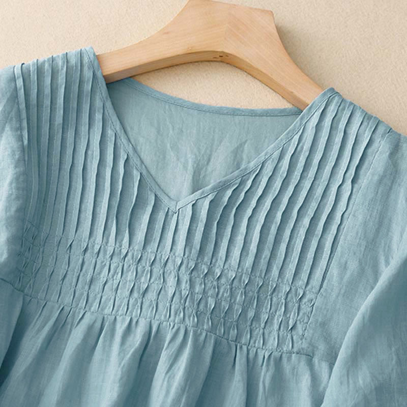 Buddha Stones Lässiges, einfarbiges, lockeres Damen-Baumwollhemd mit V-Ausschnitt und halblangen Ärmeln - image 27