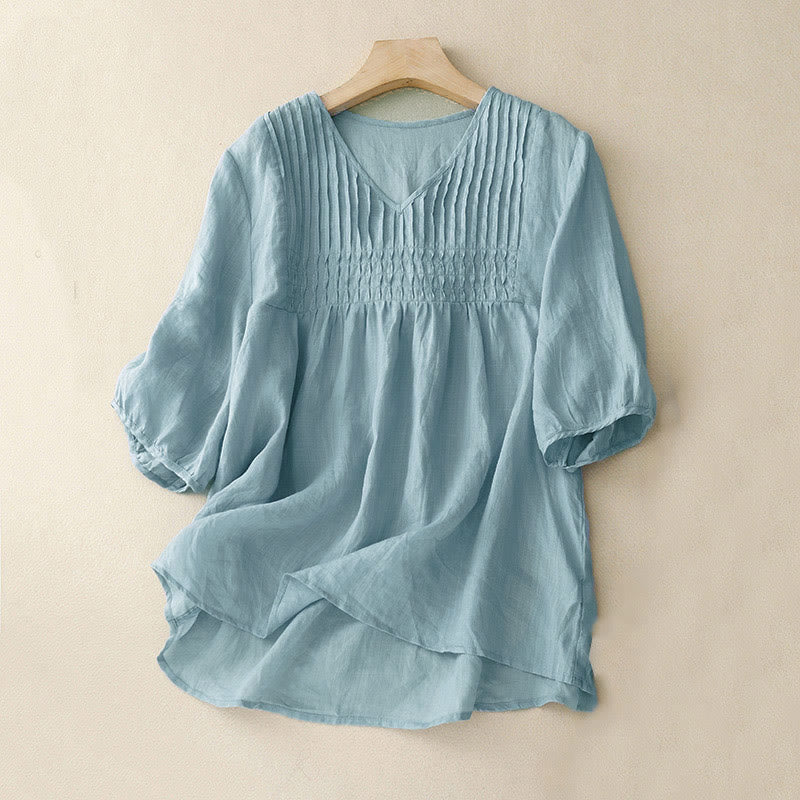 Buddha Stones Lässiges, einfarbiges, lockeres Damen-Baumwollhemd mit V-Ausschnitt und halblangen Ärmeln - Blasstürkis - US12, UK/AU16,EU44 (2XL) - image 25