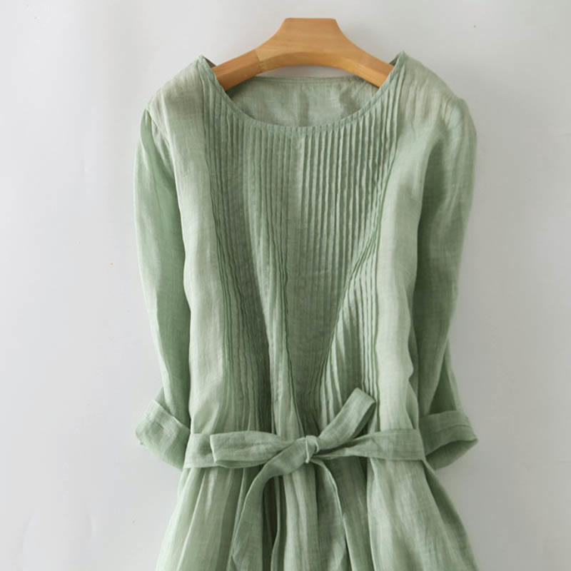 Buddha Stones Lässiges Midikleid aus Baumwolle mit Schnürung, Rundhalsausschnitt, halblangen Ärmeln und Taschen - image 21