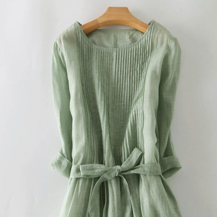 Buddha Stones Lässiges Midikleid aus Baumwolle mit Schnürung, Rundhalsausschnitt, halblangen Ärmeln und Taschen - image 21