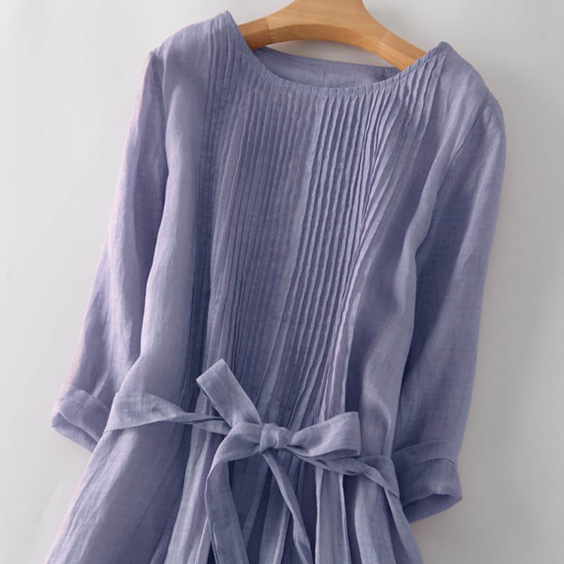 Buddha Stones Lässiges Midikleid aus Baumwolle mit Schnürung, Rundhalsausschnitt, halblangen Ärmeln und Taschen - image 18