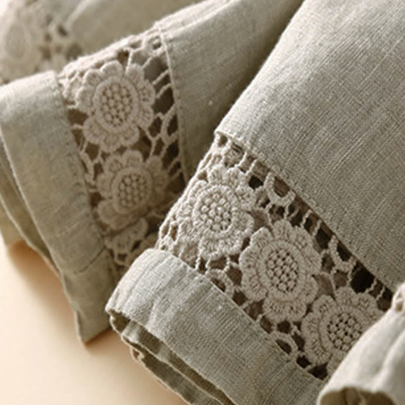 Buddha Stones Damen-Shorts aus Baumwolle mit einfarbiger Unterseite, hohlem Spitzendesign und Schnürung und Taschen - image 9