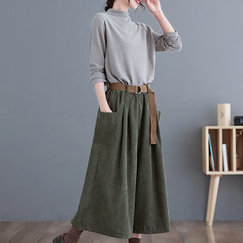 Buddha Stones Retro Damen Weites Bein 7-8 Länge Cord Baumwollhose mit Taschen Gürtel - image 15