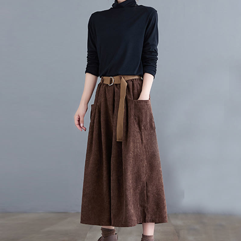 Buddha Stones Retro Damen Weites Bein 7-8 Länge Cord Baumwollhose mit Taschen Gürtel - image 20