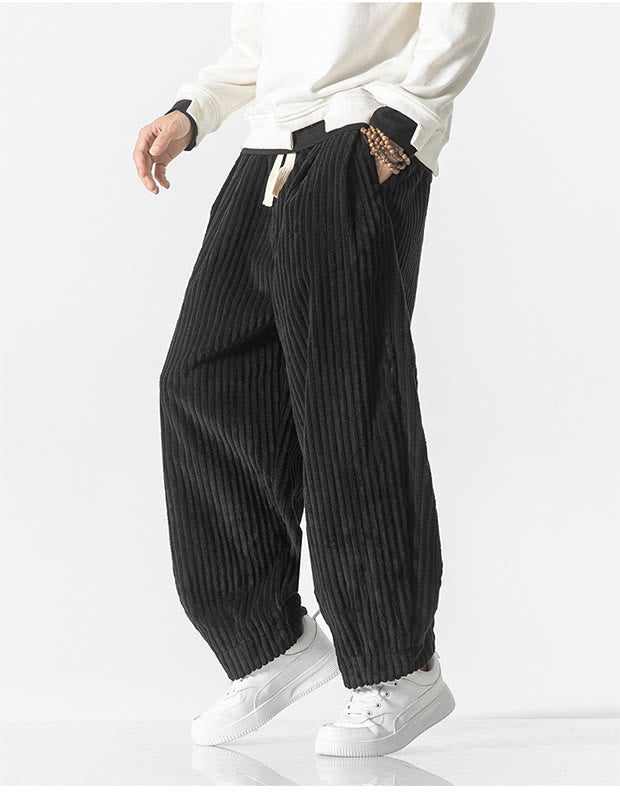 Buddha Stones Retro Winter Einfarbige Herren-Haremshose aus Cord mit Kordelzug und Taschen - image 18