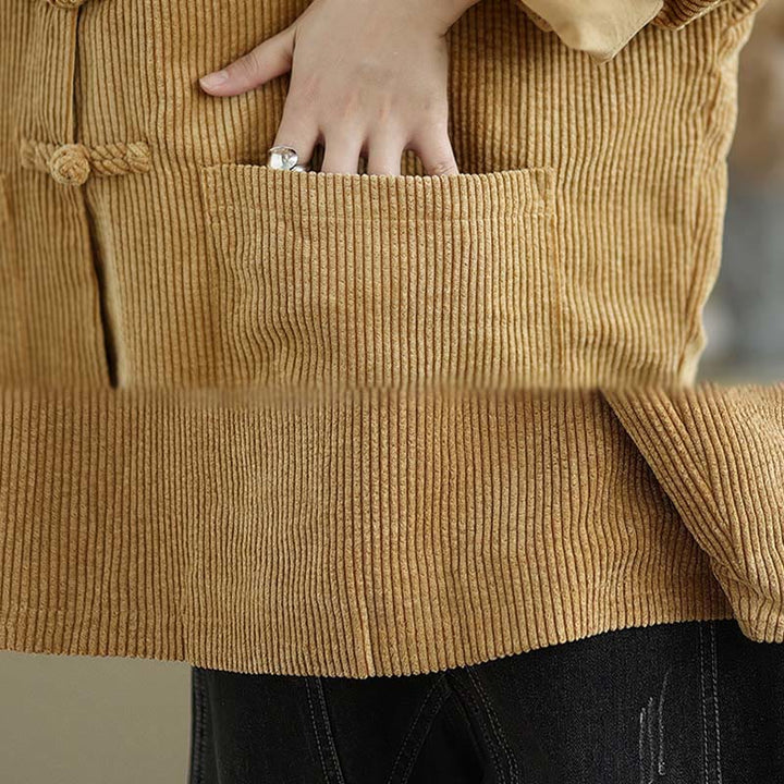 Buddha Stones Damen-Cordjacke aus Baumwollleinen mit Froschknopf und Stehkragen - image 8