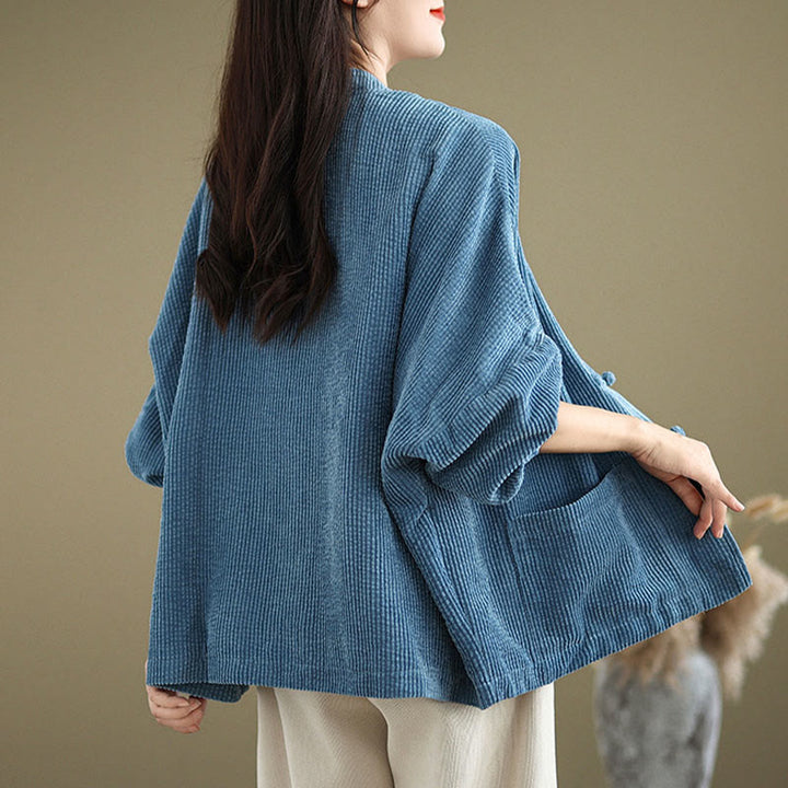 Buddha Stones Damen-Cordjacke aus Baumwollleinen mit Froschknopf und Stehkragen - image 17