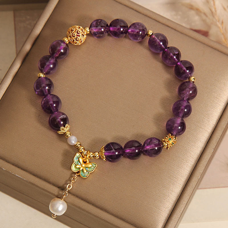 Buddha Stones Natürliches Amethyst-Bernstein-Grün-Schmetterlings-Heilarmband - image 4
