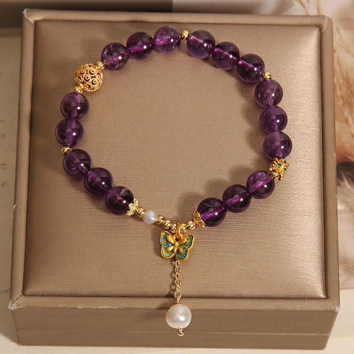 Buddha Stones Natürliches Amethyst-Bernstein-Grün-Schmetterlings-Heilarmband - image 8