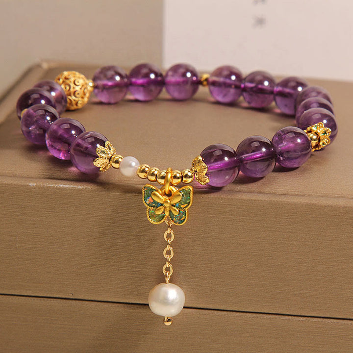 Buddha Stones Natürliches Amethyst-Bernstein-Grün-Schmetterlings-Heilarmband - image 7