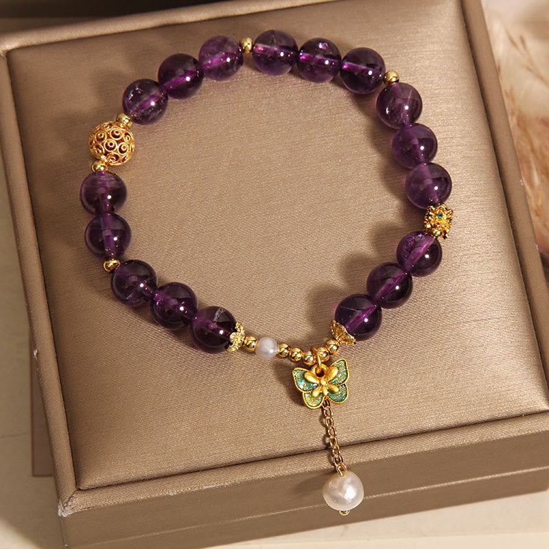 Buddha Stones Natürliches Amethyst-Bernstein-Grün-Schmetterlings-Heilarmband - image 3
