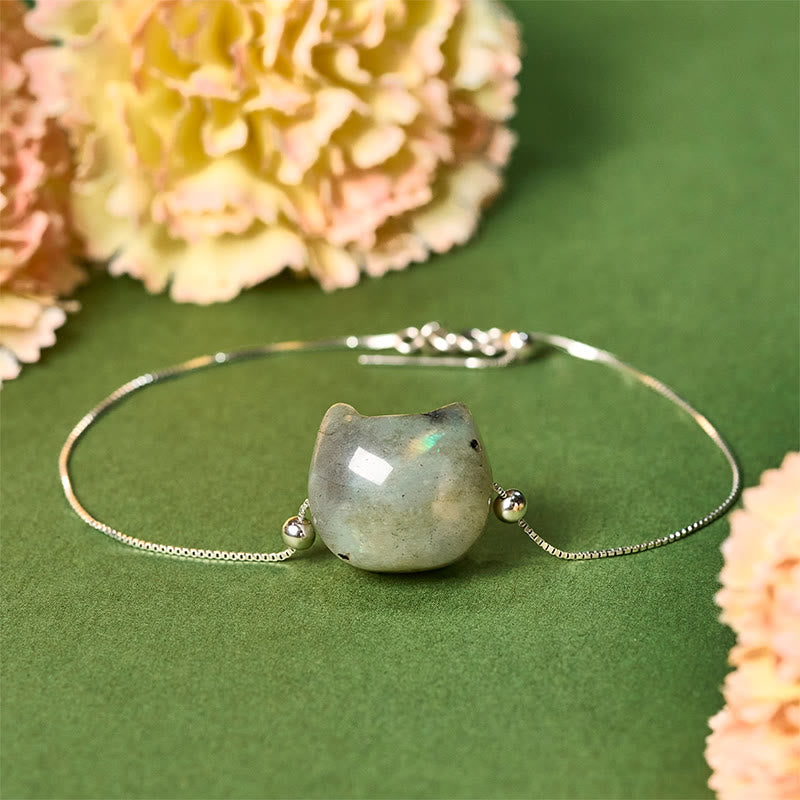 Buddha Stones 925 Sterling Silber Gesichtsloser Katzenkopf Natürlicher Labradorit Heilarmband - 18-22 cm - image 0