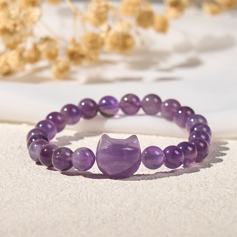 Buddha Stones Armband mit süßem Katzengesicht und Amethyst, spirituelles Bewusstsein - image 1