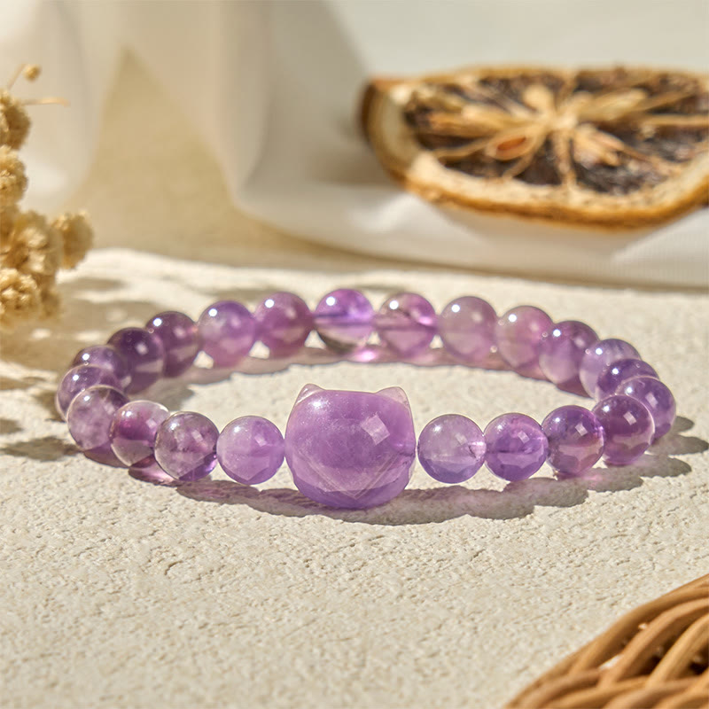 Buddha Stones Armband mit süßem Katzengesicht und Amethyst, spirituelles Bewusstsein - Amethyst (Handgelenkumfang 15–20 cm) - image 0
