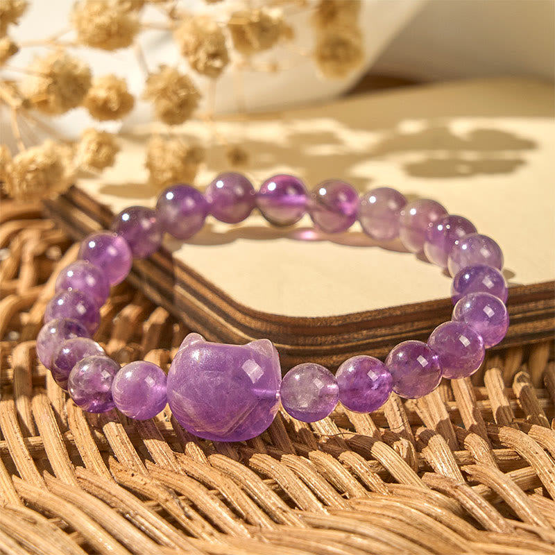 Buddha Stones Armband mit süßem Katzengesicht und Amethyst, spirituelles Bewusstsein - image 2
