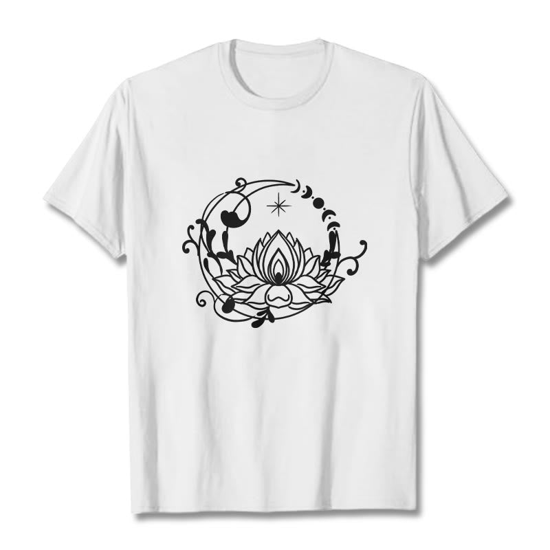 Buddha Stones Schlichtes Design Lotusblume Mond Fließende Ranken Muster Baumwoll-T-Shirt - Weiß - 2XL - image 1