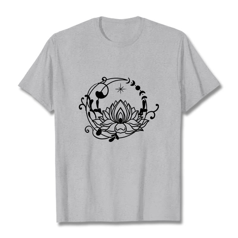 Buddha Stones Schlichtes Design Lotusblume Mond Fließende Ranken Muster Baumwoll-T-Shirt - Hellgrau - 2XL - image 20