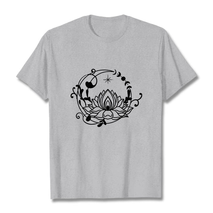 Buddha Stones Schlichtes Design Lotusblume Mond Fließende Ranken Muster Baumwoll-T-Shirt - Hellgrau - 2XL - image 20