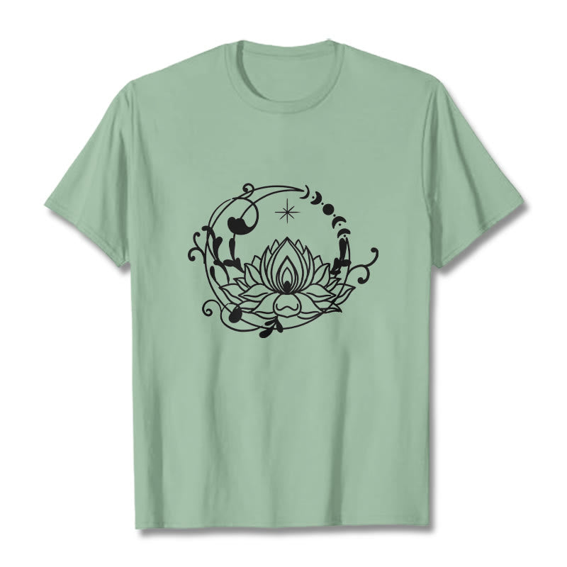 Buddha Stones Schlichtes Design Lotusblume Mond Fließende Ranken Muster Baumwoll-T-Shirt - Blassgrün - 2XL - image 15