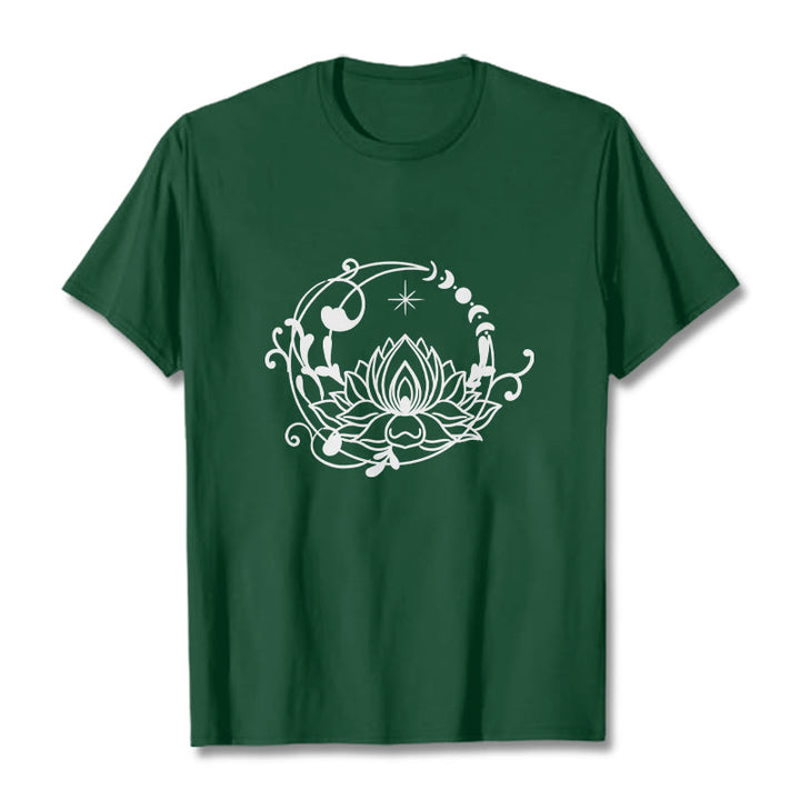 Buddha Stones Schlichtes Design Lotusblume Mond Fließende Ranken Muster Baumwoll-T-Shirt - WaldGrün - 2XL - image 11