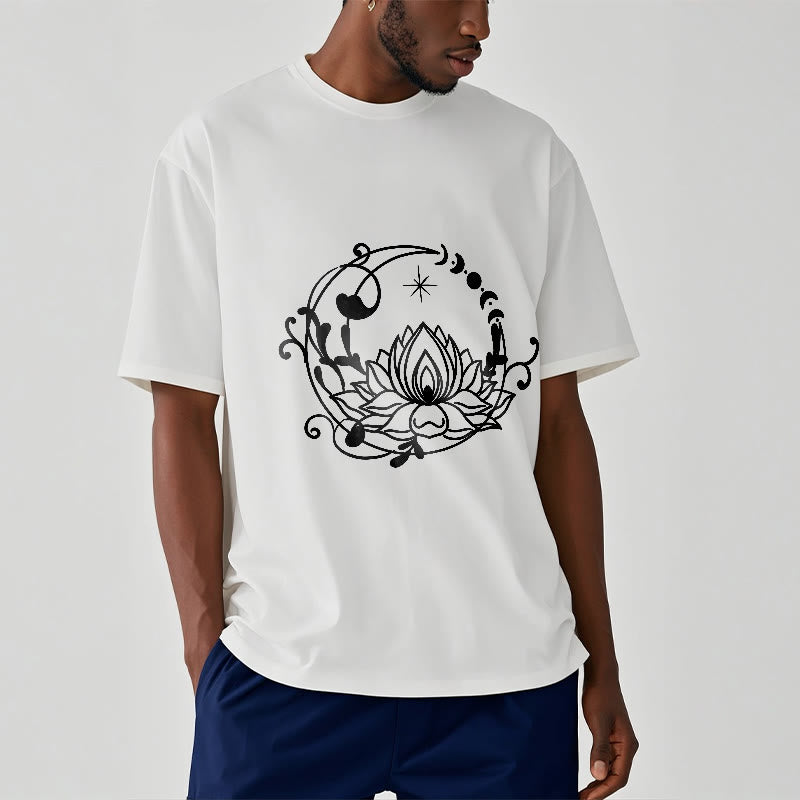 Buddha Stones Schlichtes Design Lotusblume Mond Fließende Ranken Muster Baumwoll-T-Shirt - image 2