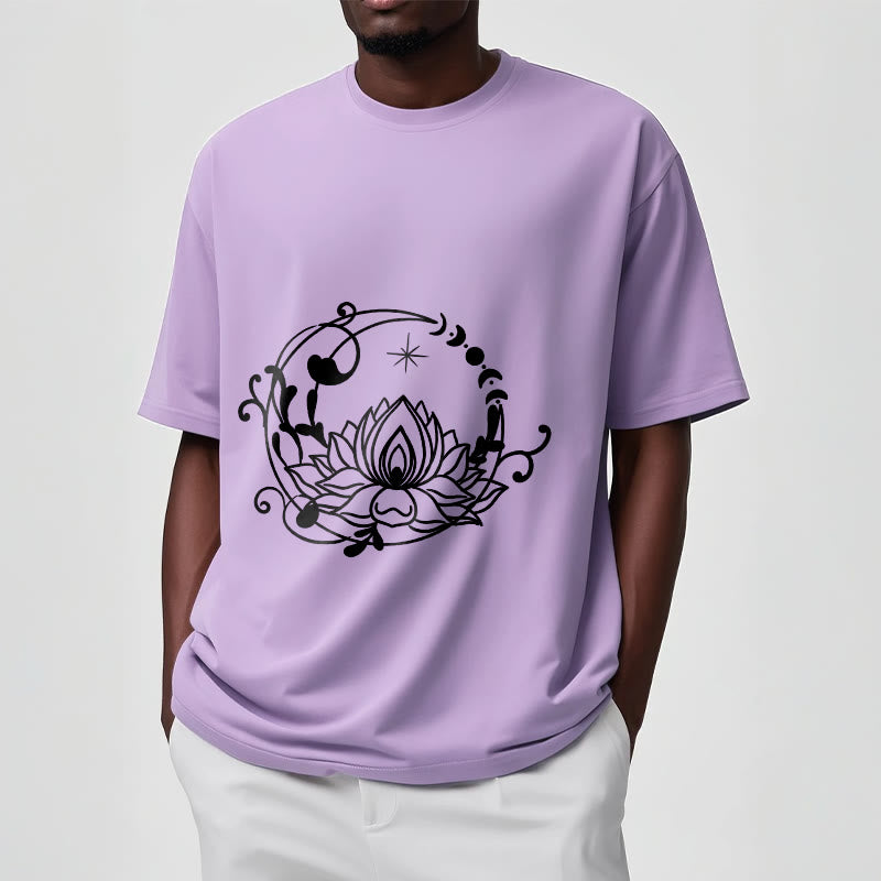 Buddha Stones Schlichtes Design Lotusblume Mond Fließende Ranken Muster Baumwoll-T-Shirt - image 18