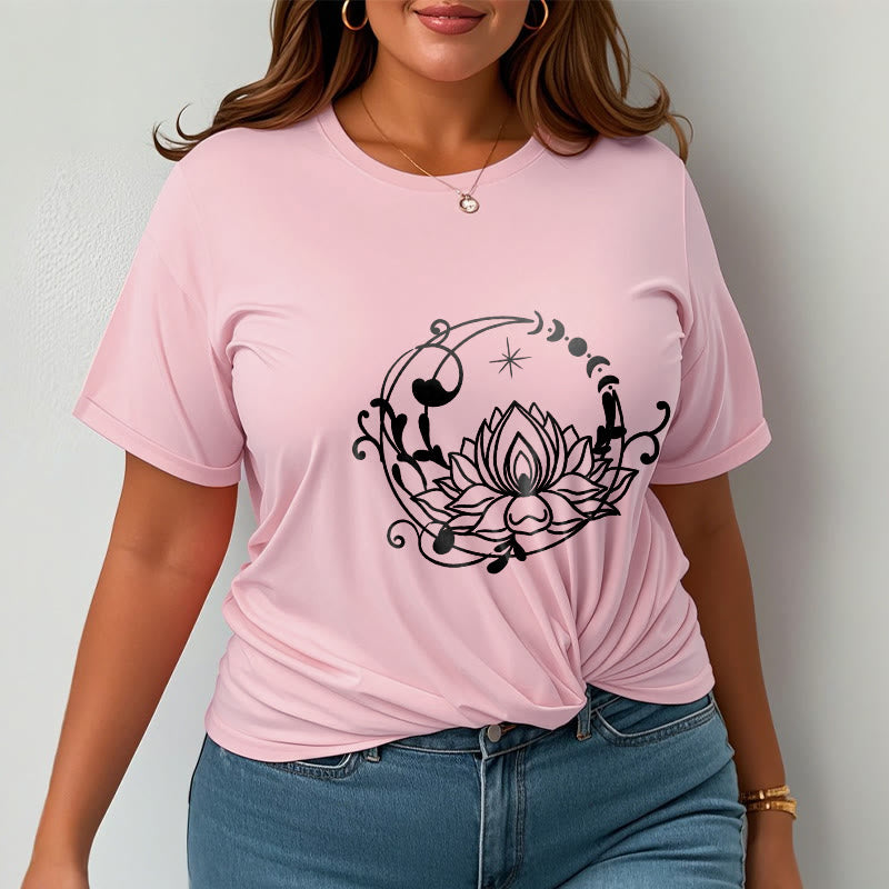 Buddha Stones Schlichtes Design Lotusblume Mond Fließende Ranken Muster Baumwoll-T-Shirt - image 14