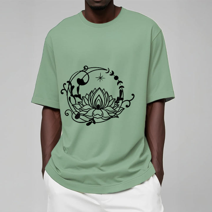 Buddha Stones Schlichtes Design Lotusblume Mond Fließende Ranken Muster Baumwoll-T-Shirt - image 16