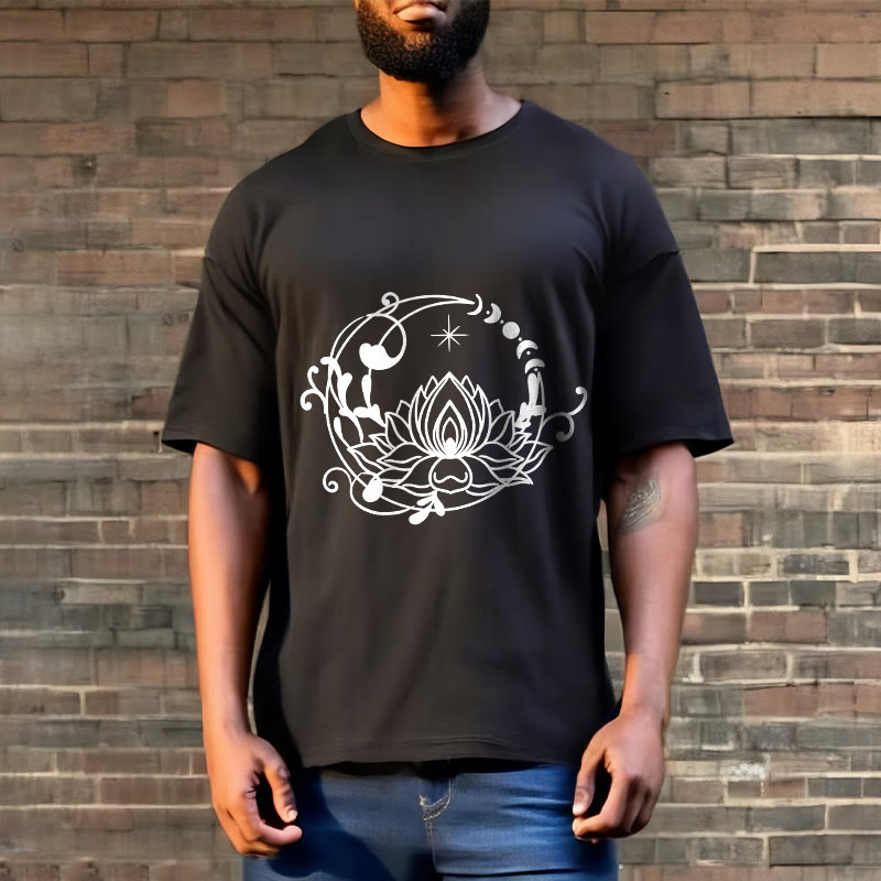 Buddha Stones Schlichtes Design Lotusblume Mond Fließende Ranken Muster Baumwoll-T-Shirt - image 7