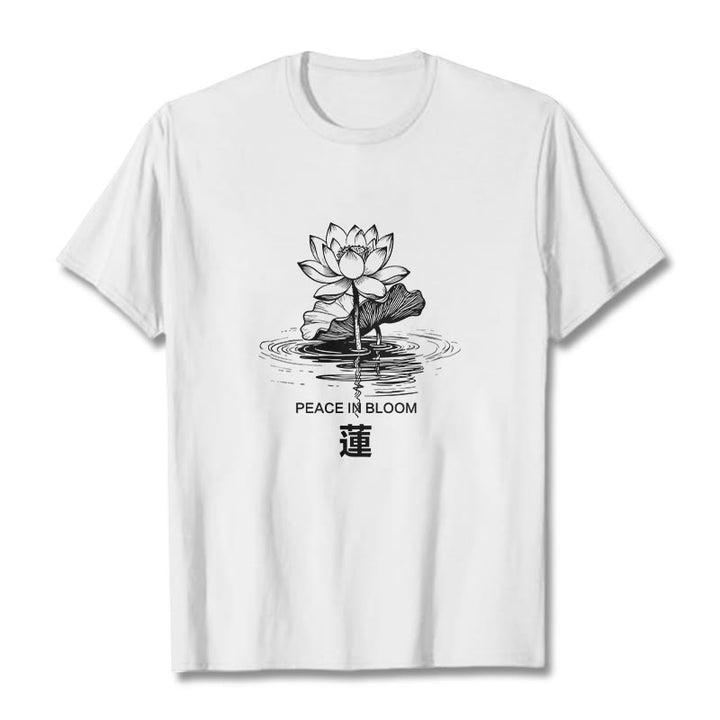 Buddha Stones Lotusblume Lotusblatt Wellenmuster T-Shirt aus Baumwolle - Weiß - 2XL - image 6