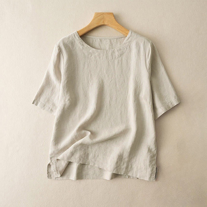 Buddha Stones Schlichtes, einfarbiges, kurzärmliges Damen-T-Shirt aus Baumwolle mit Rundhalsausschnitt und Seitenschlitz - Beige - US12, UK/AU16,EU44 (3XL) - image 6