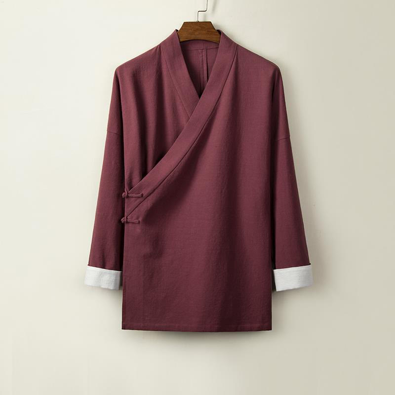 Buddha Stones Chinesische Froschknöpfe Langarm-Design Offene Frontjacke Herren-Kimono aus Baumwolle und Leinen - Dunkelrot - US/ UK/AU44,EU54 (4XL) - image 5