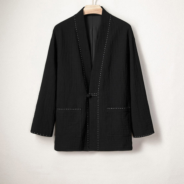 Buddha Stones Herren-Kimono mit Falten und Froschknöpfen, vorne offen, Baumwolle und Leinen, langärmelig - Schwarz - US/ UK/AU48,EU58 (4XL) - image 7