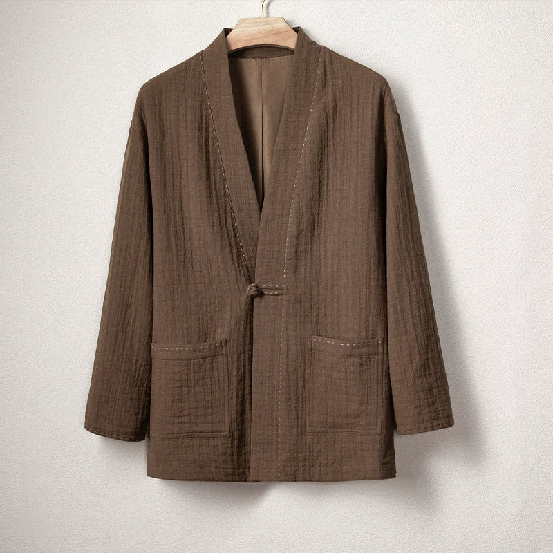 Buddha Stones Herren-Kimono mit Falten und Froschknöpfen, vorne offen, Baumwolle und Leinen, langärmelig - Sattelbraun - US/ UK/AU48,EU58 (4XL) - image 1