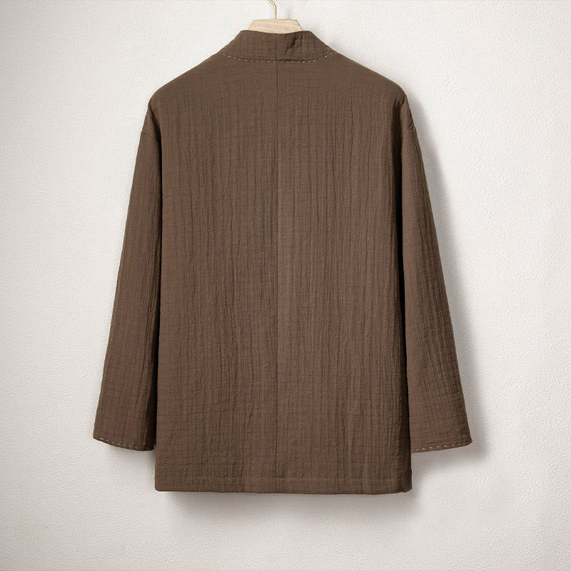 Buddha Stones Herren-Kimono mit Falten und Froschknöpfen, vorne offen, Baumwolle und Leinen, langärmelig - image 2