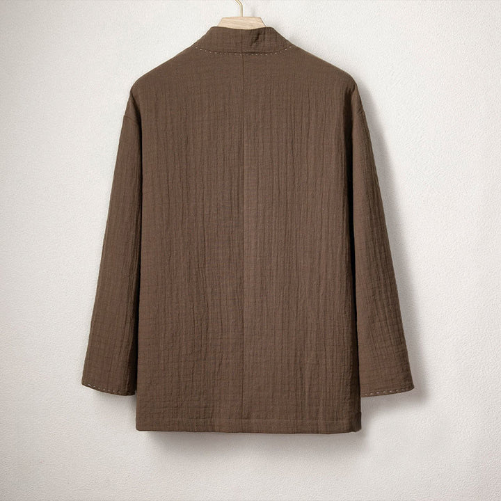 Buddha Stones Herren-Kimono mit Falten und Froschknöpfen, vorne offen, Baumwolle und Leinen, langärmelig - image 2