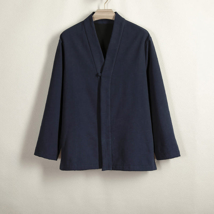 Buddha Stones Herren-Kimono mit langen Ärmeln und Froschknopf, vorne offen, Fleece-gefüttert, Baumwoll-Leinen - Mitternachtsblau - US/ UK/AU44,EU54 (4XL) - image 1