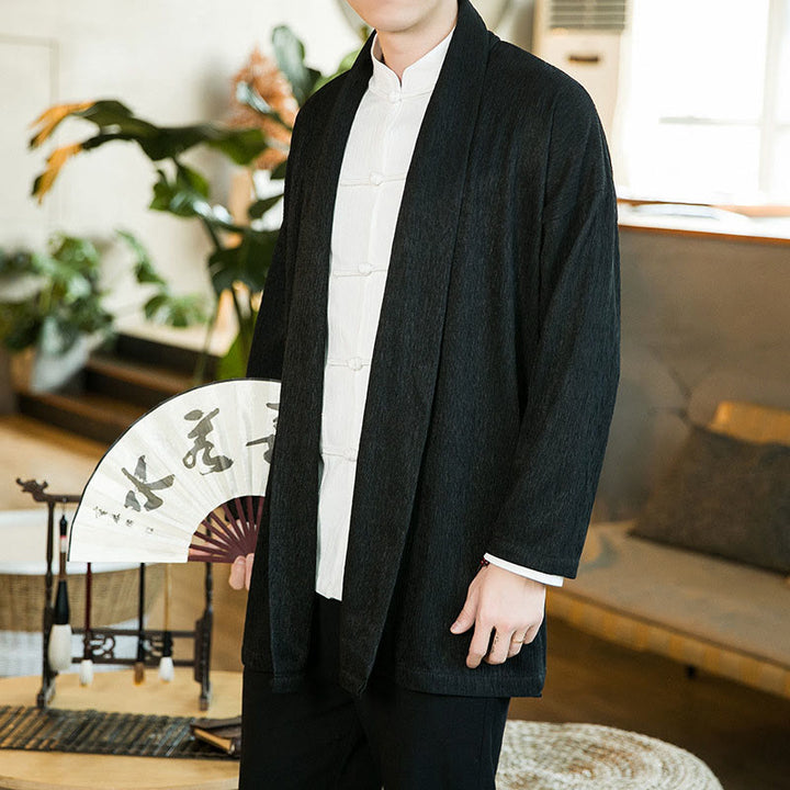 Buddha Stones Spring Pure Color Offene Vorderseite Baumwolle Leinen Herren Langarm Jacke Kimono - Schwarz - US/ UK/AU46,EU56 (5XL) - image 1