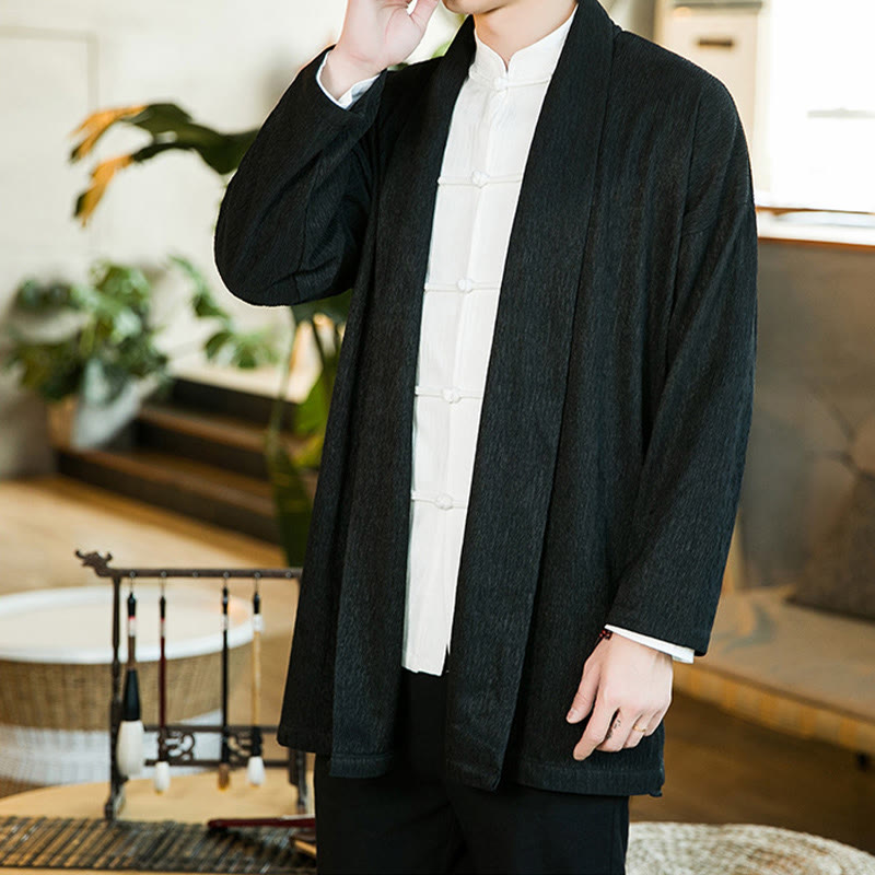 Buddha Stones Spring Pure Color Offene Vorderseite Baumwolle Leinen Herren Langarm Jacke Kimono - image 4