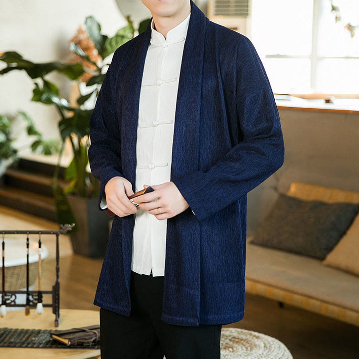 Buddha Stones Spring Pure Color Offene Vorderseite Baumwolle Leinen Herren Langarm Jacke Kimono - Mitternachtsblau - US/ UK/AU46,EU56 (5XL) - image 11