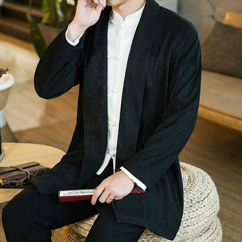 Buddha Stones Spring Pure Color Offene Vorderseite Baumwolle Leinen Herren Langarm Jacke Kimono - image 8