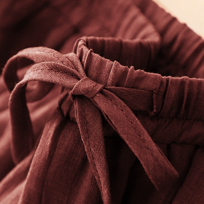 Buddha Stones Spring Pure Color Kordelzug Doppellagige Damenhose mit weitem Bein und Taschen - image 2