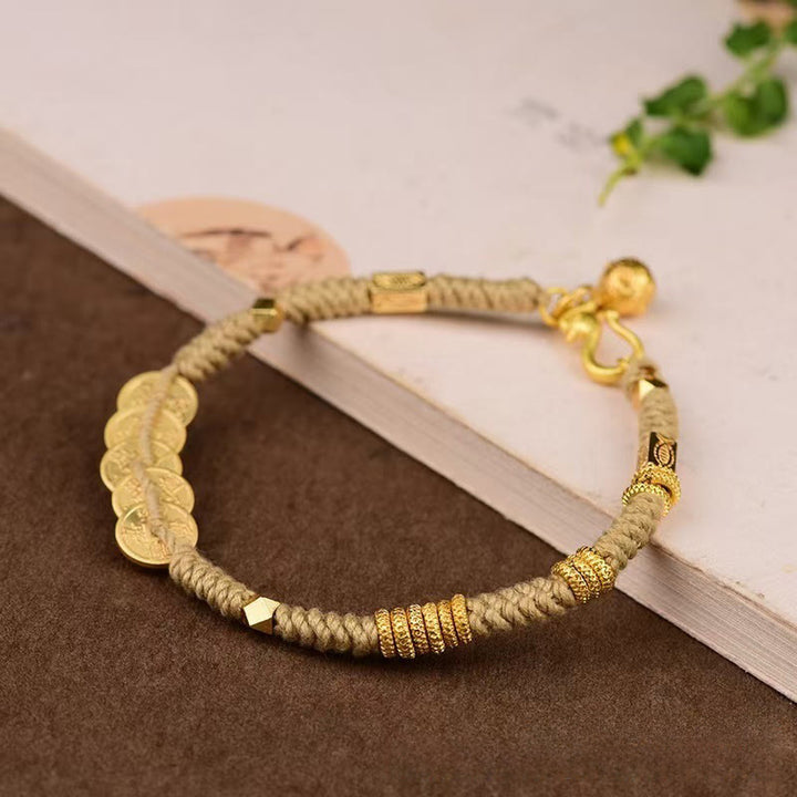 Buddha Stones Handgefertigtes Armband mit fünf Kaisermünzen und geflochtener Schnur - Gelbes Seil (Handgelenkumfang: 15–19 cm) - image 6