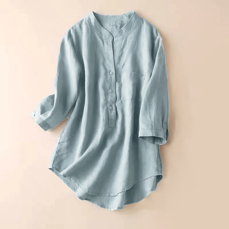 Buddha Stones Lässiges Damen-Shirt mit V-Ausschnitt und Dreiviertelärmeln, einfarbig, aus Baumwolle und Leinen - Hellstahlblau - US12, UK/AU16,EU44 (3XL) - image 1